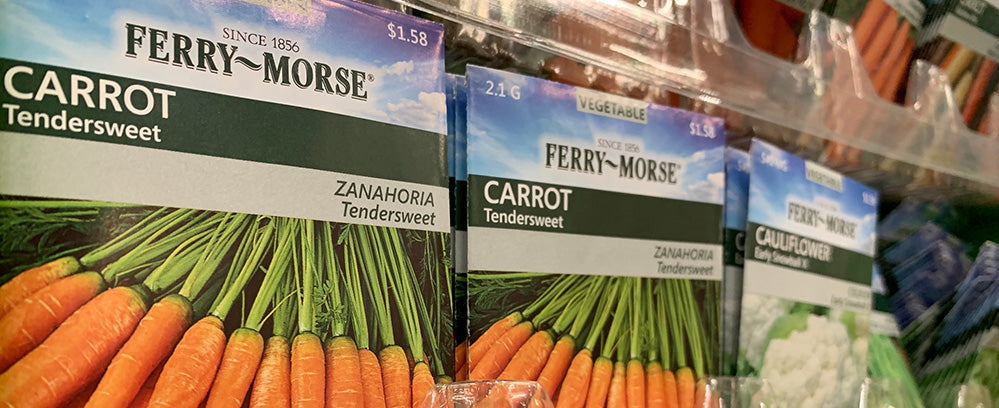 Some Ferry Morse Seeds Packets on Display in a Retail Store, seed packets that are visible are carrot and cauliflower.