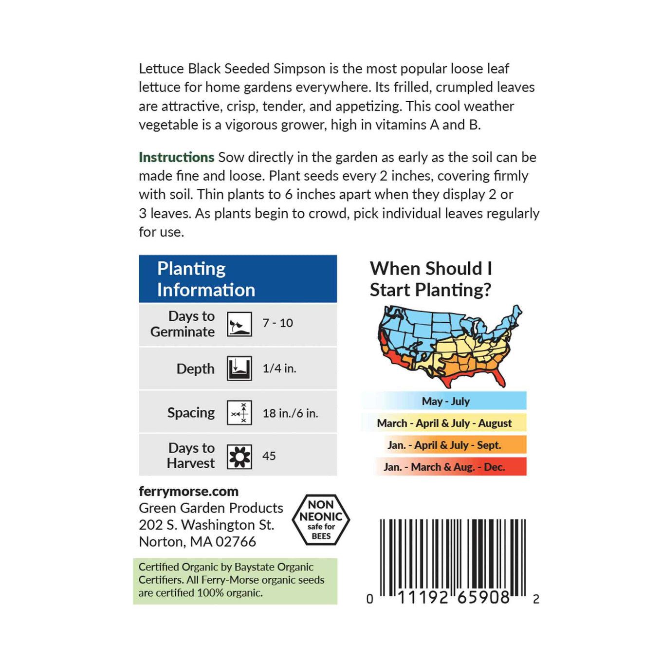 Ferry-Morse lettuce black seeded Simpson seed packet