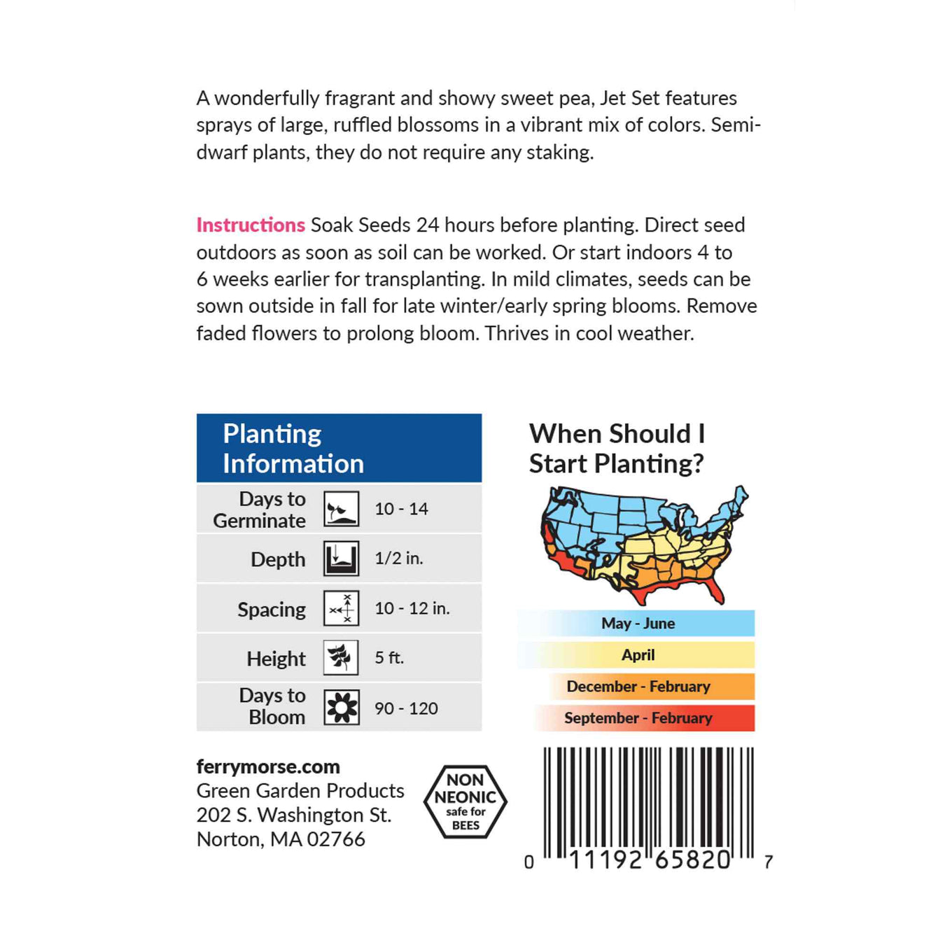 Sweet pea jet set mixed colors back of packaging