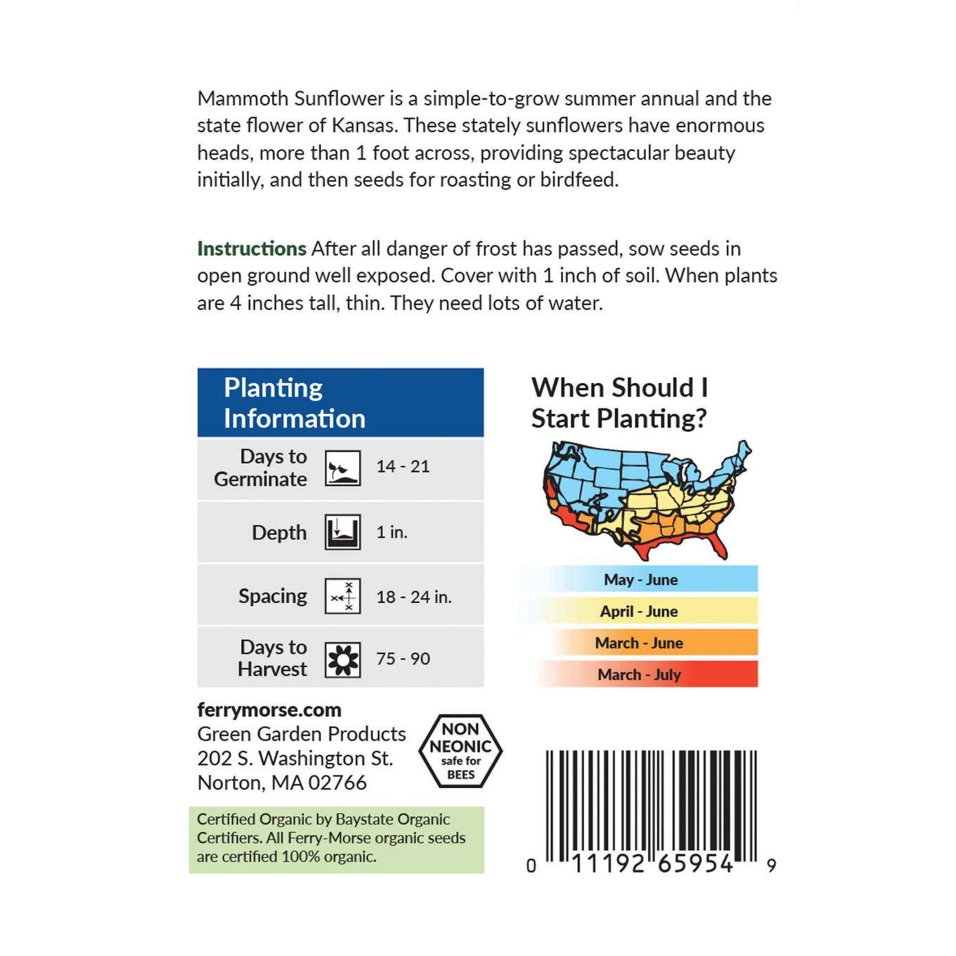 Sunflower mammoth back of packaging