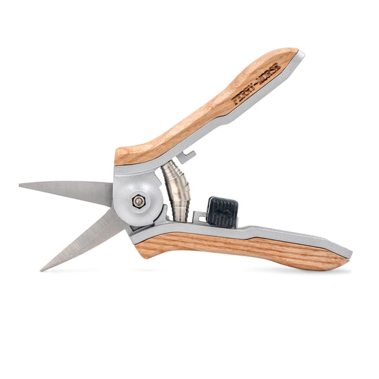 A pair of Ferry-Morse premium pruning garden snips with stainless steel blades and an ash wood handle.
