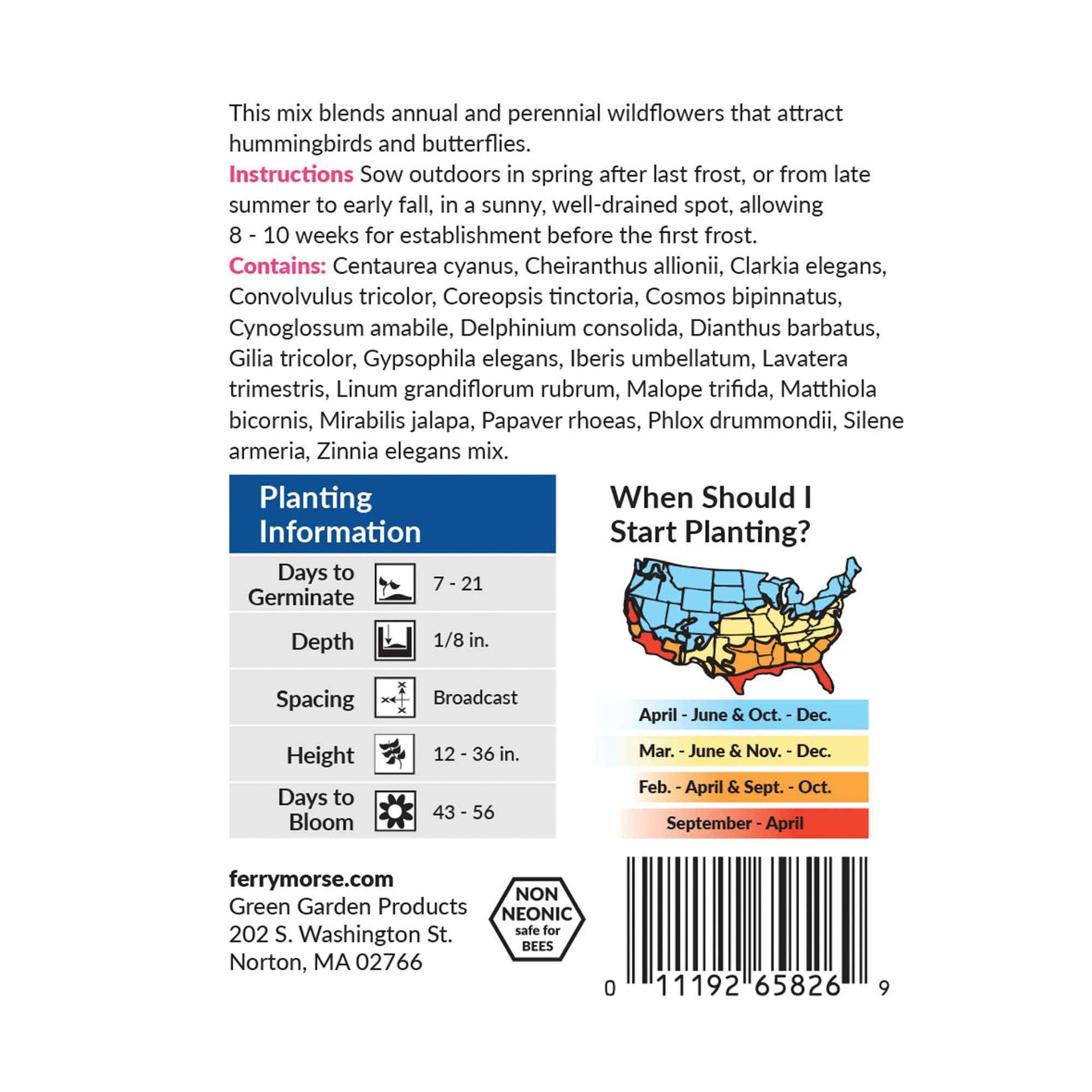 Wildflower hummingbird mix back of packaging