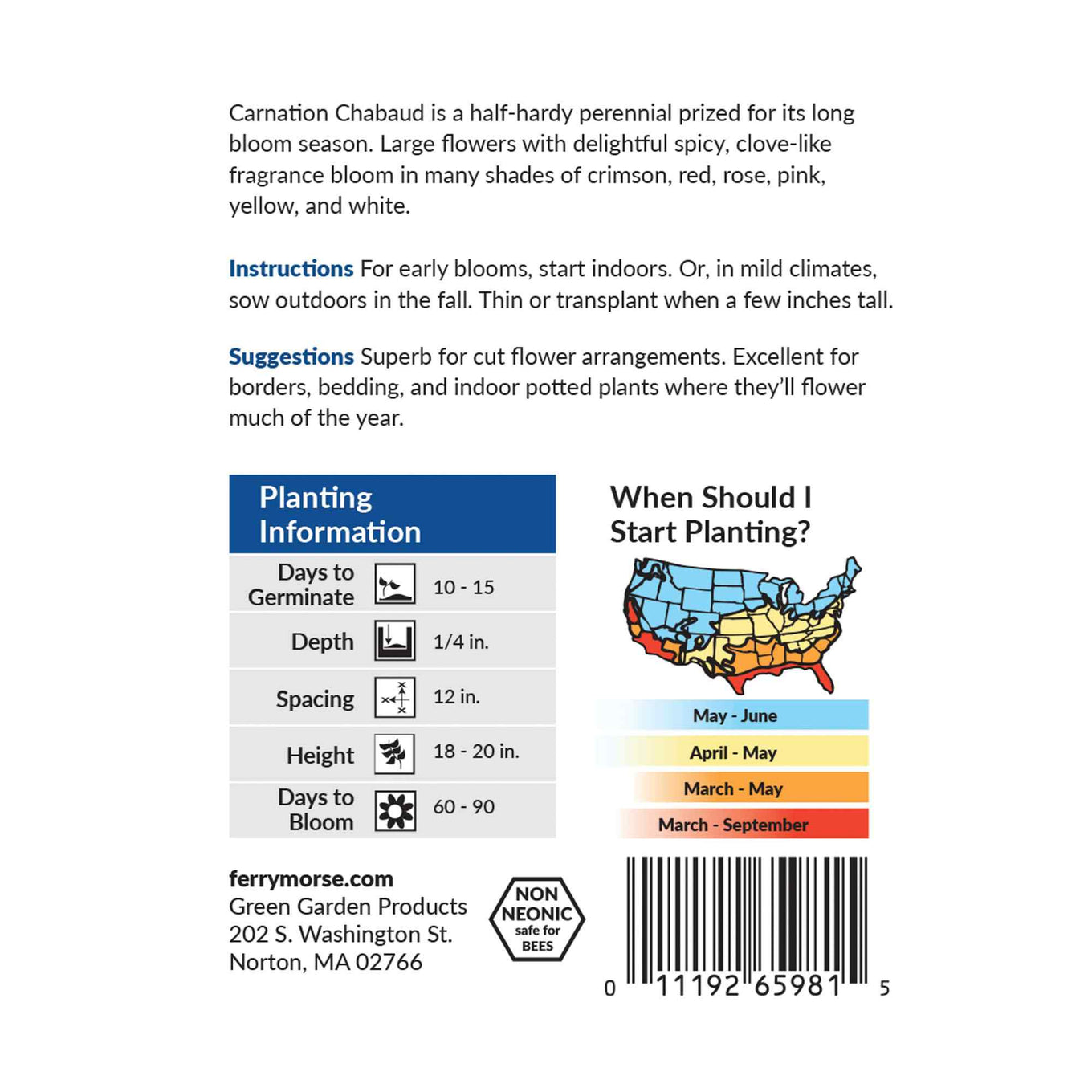 Planting information label for Carnation Chabaud with text and graphics on a white background