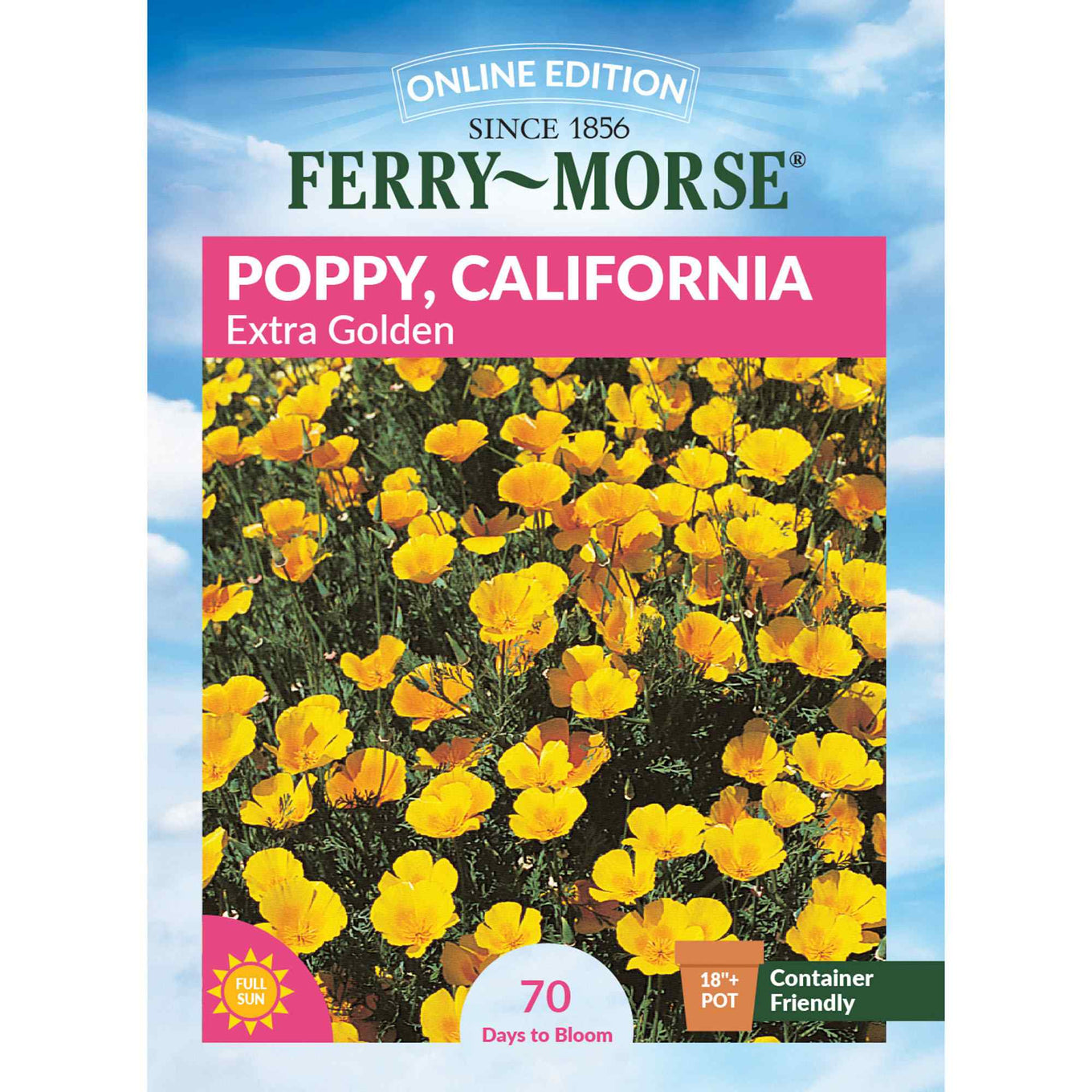 Ferry-Morse California Poppy seed packet with yellow flowers and blue sky background