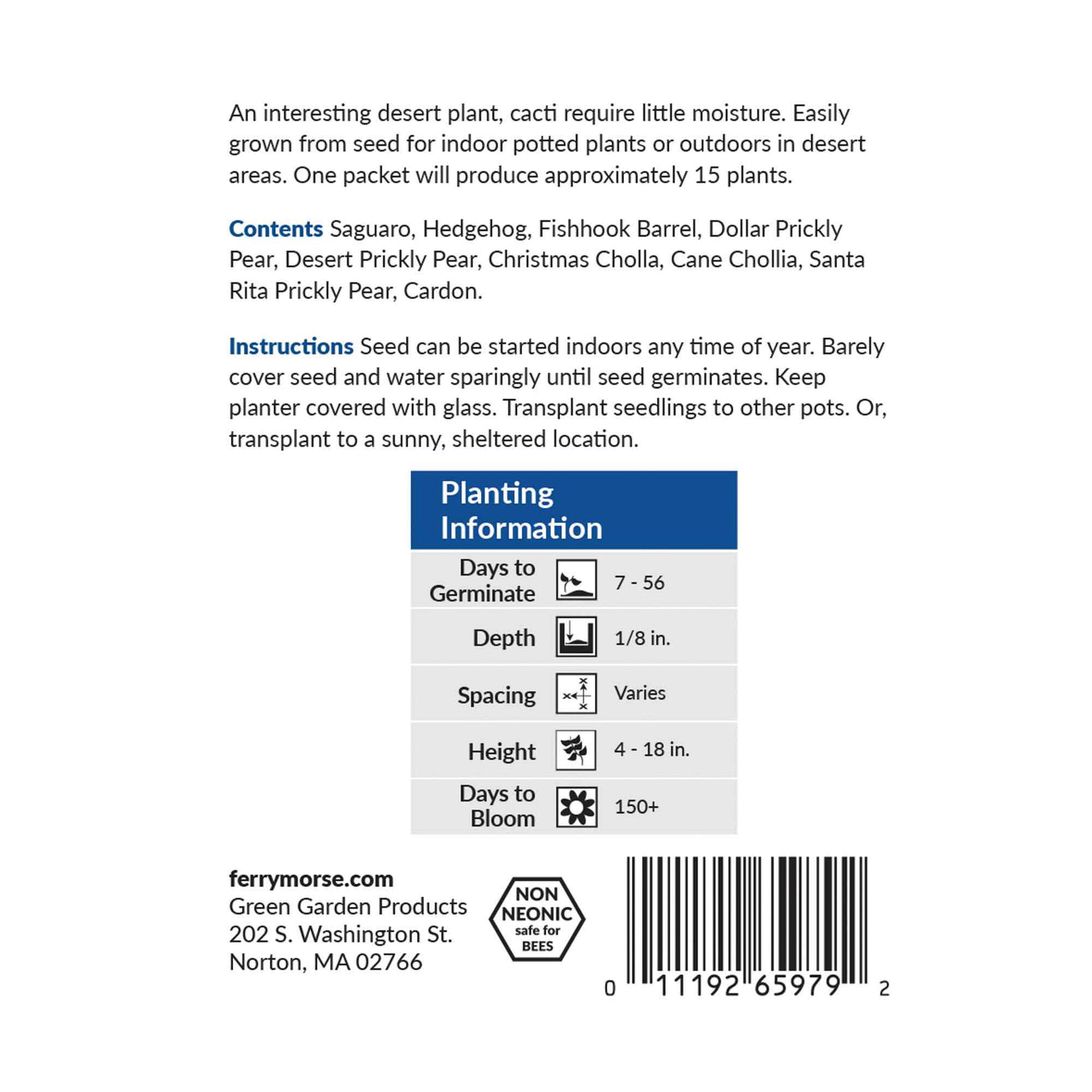 Seed packet with planting information and product details on a white background