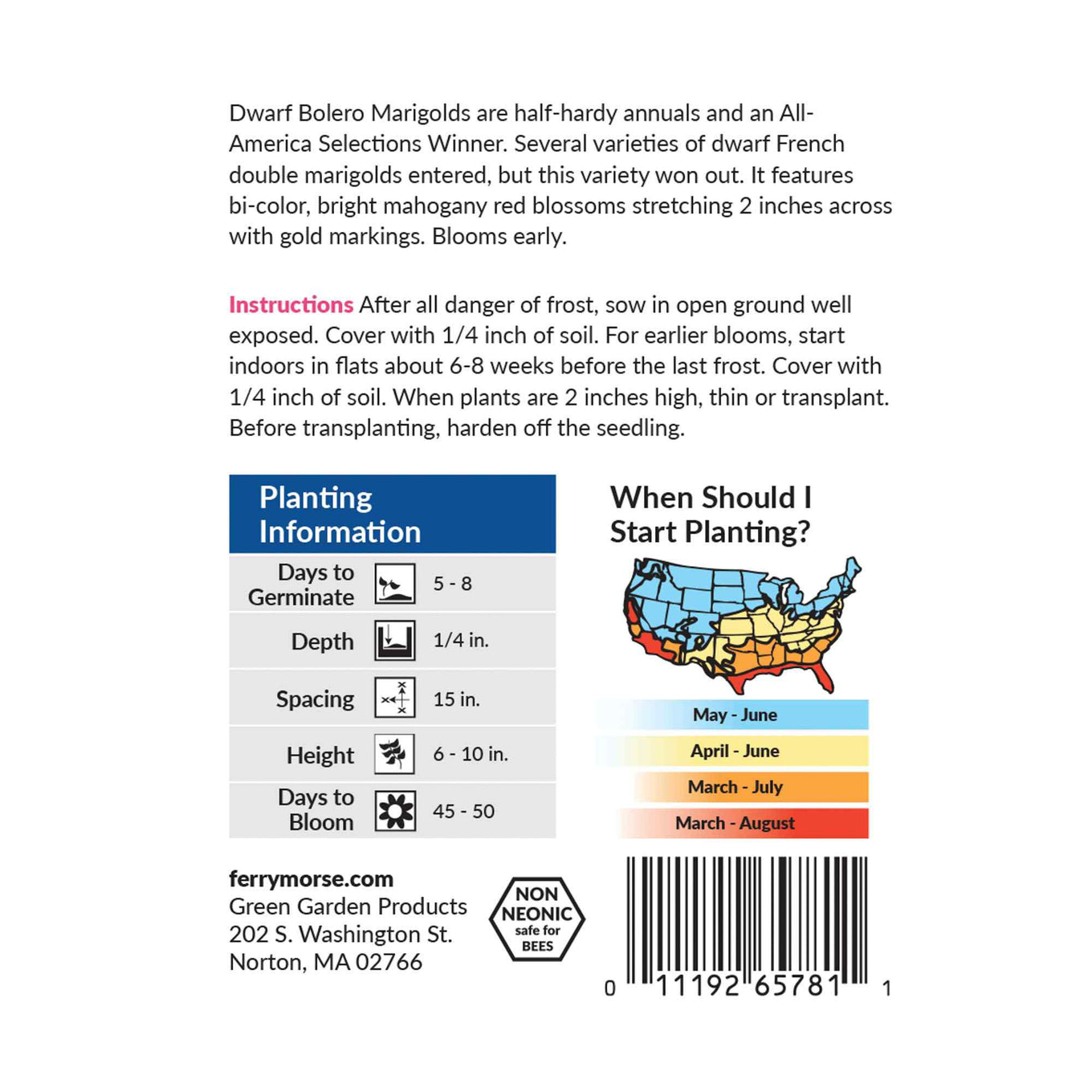 Marigold Bolero back of packet