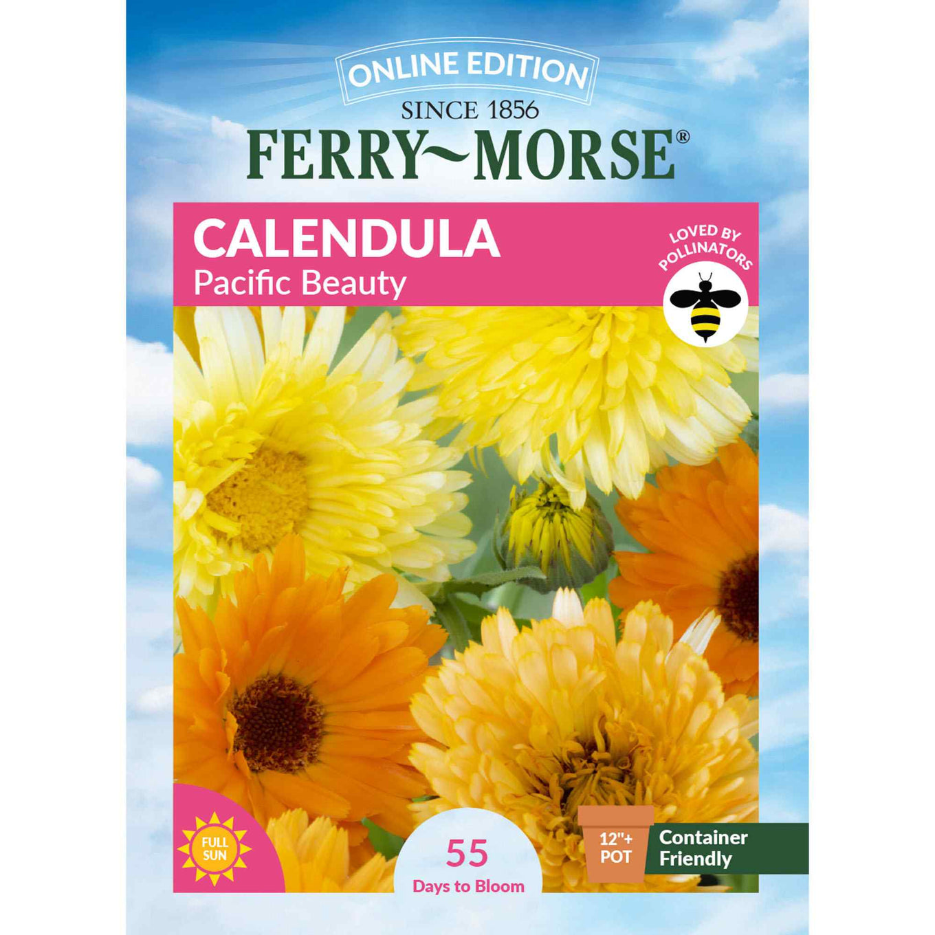 Ferry Morse Calendula Pacific Beauty seed packet with flowers on a blue sky background