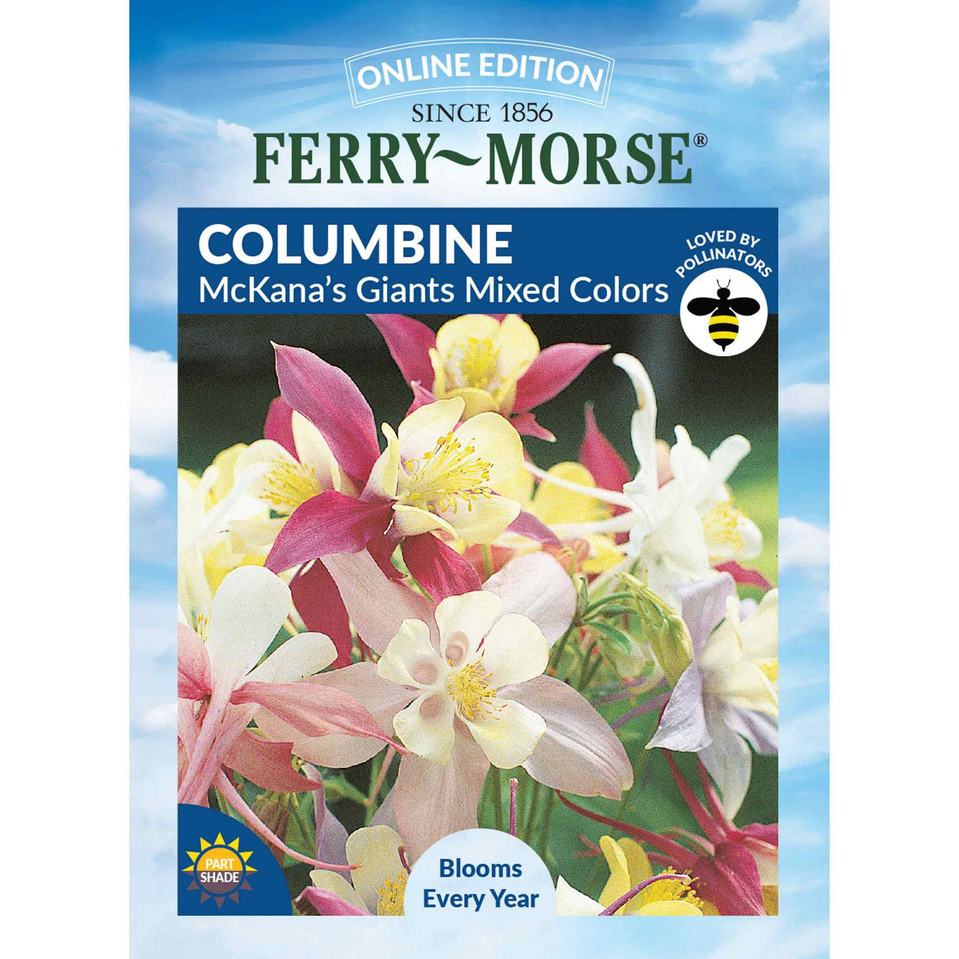 Ferry-Morse columbine seed packet with colorful flowers against a blue sky background
