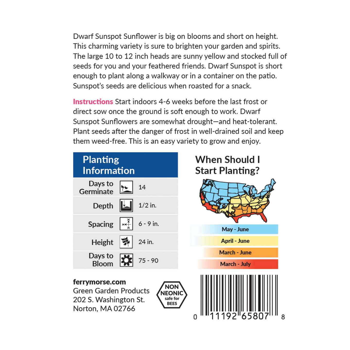 Sunflower dwarf sunspot back of packaging