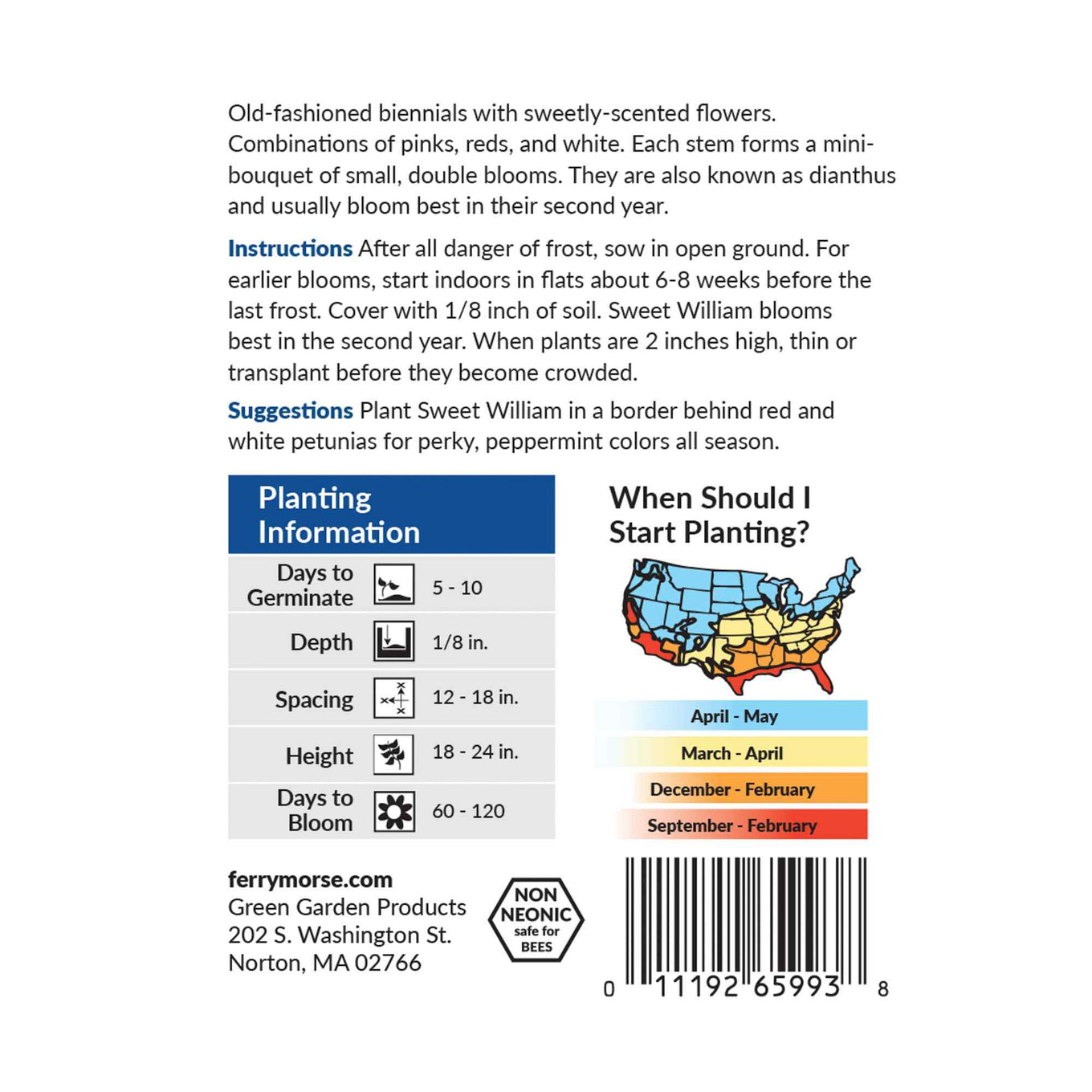 Sweet william double flowered mixed colors back of packaging