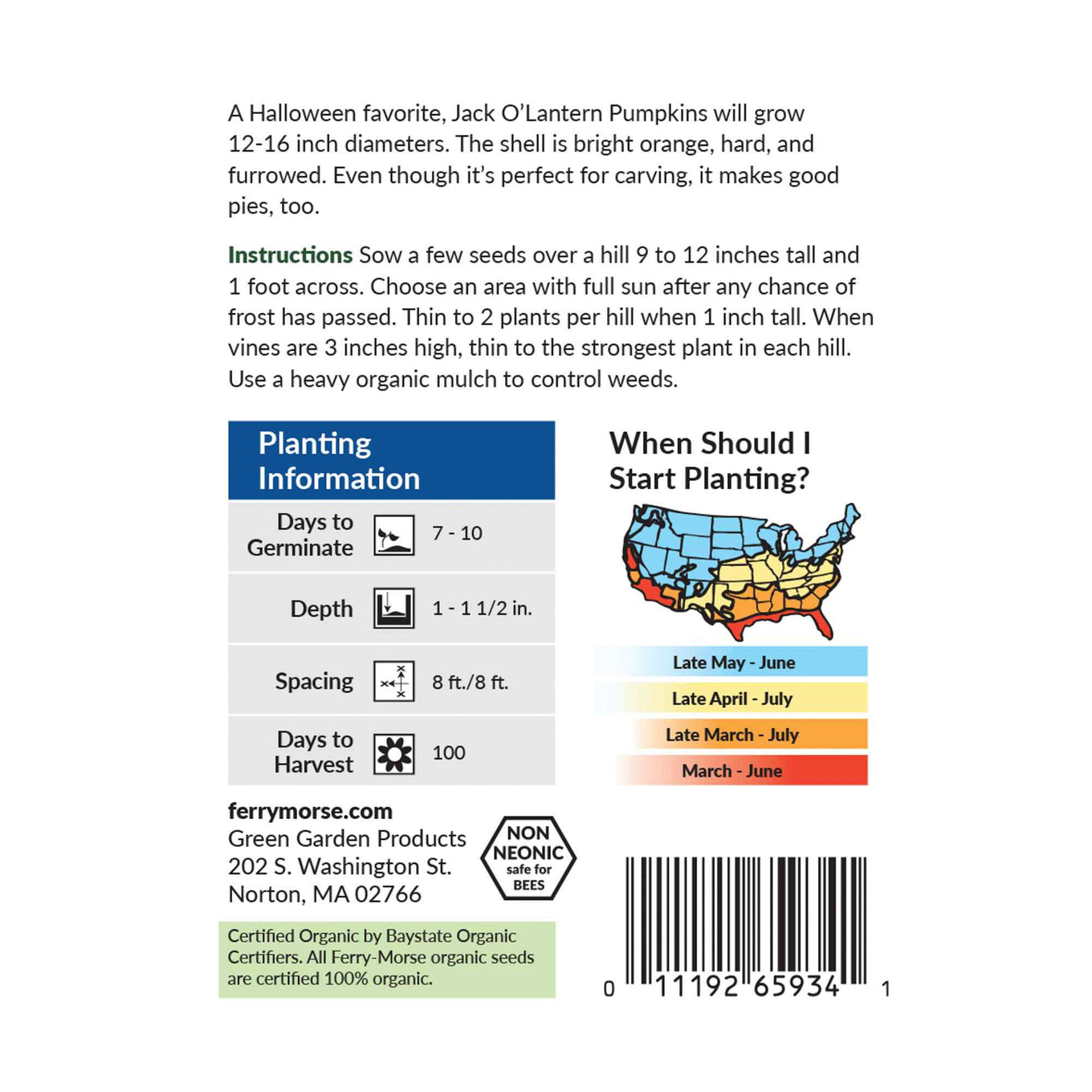 Ferry-Morse pumpkin jack o'lantern  seed packet