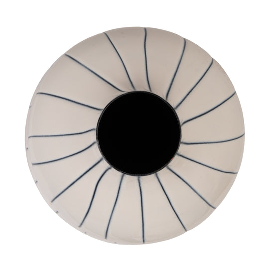 Round vase with blue lines on a white background