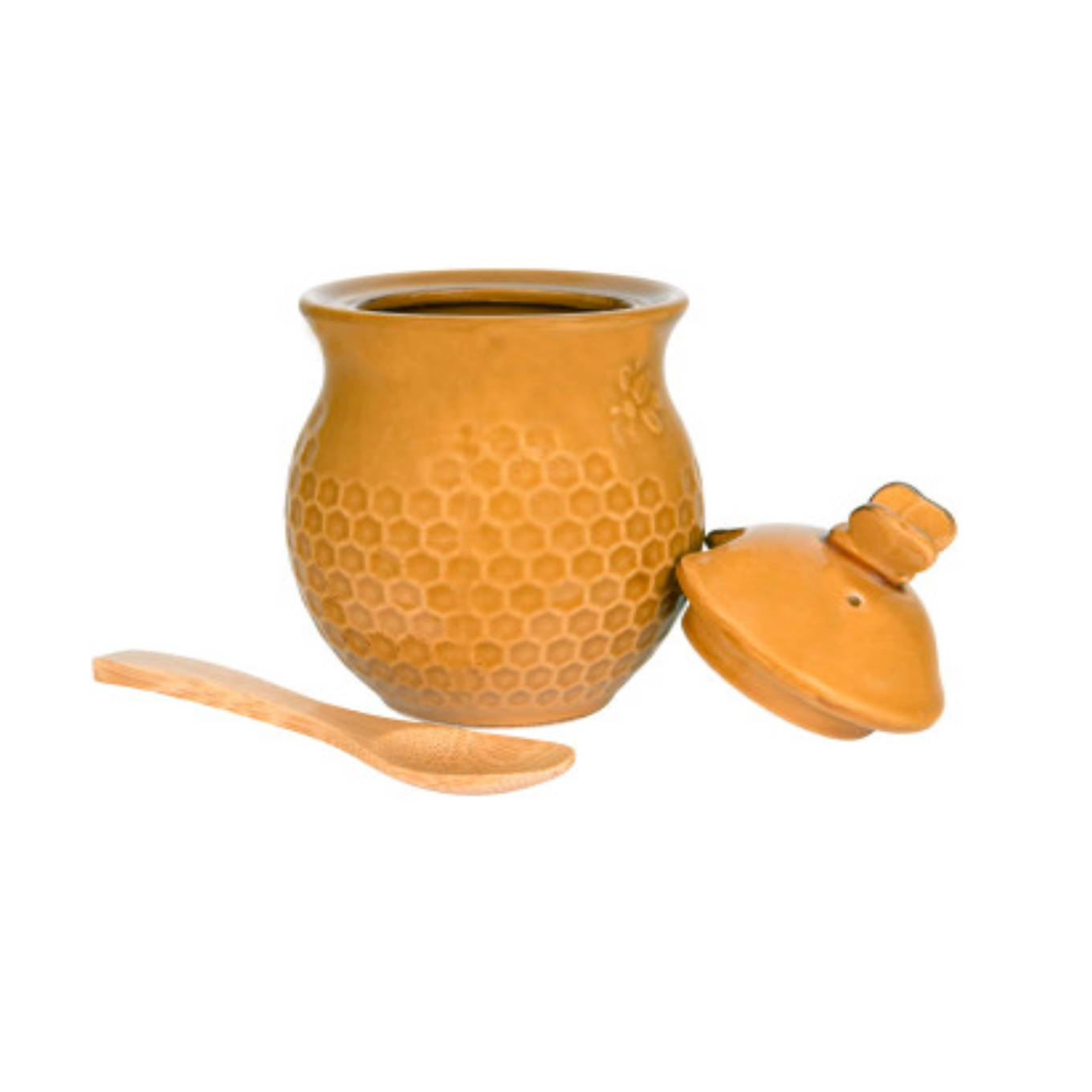 A stoneware honey jar with a yellow bee design, including a lid and a wooden honey dipper.