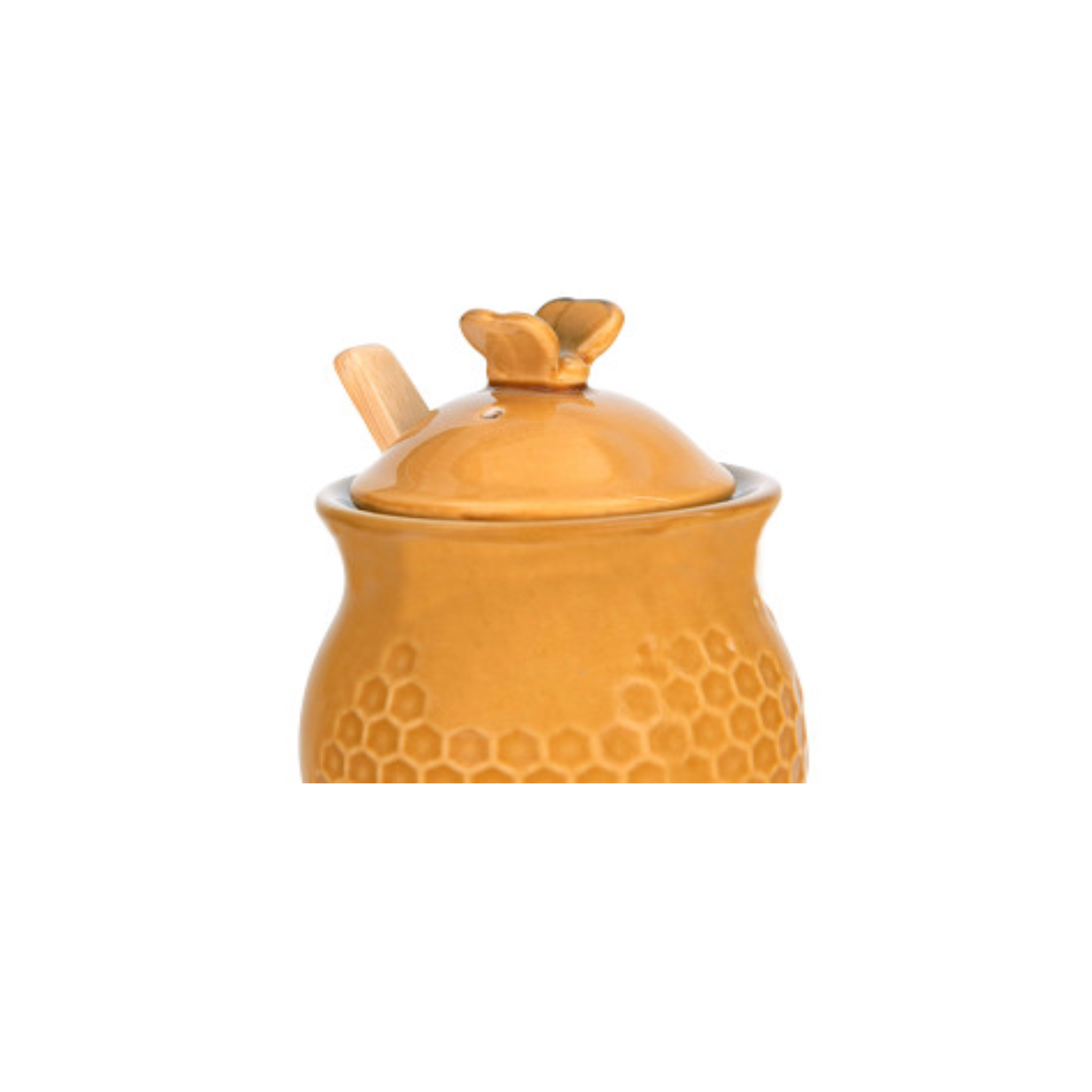 A stoneware honey jar with a yellow bee design, including a lid and a wooden honey dipper.