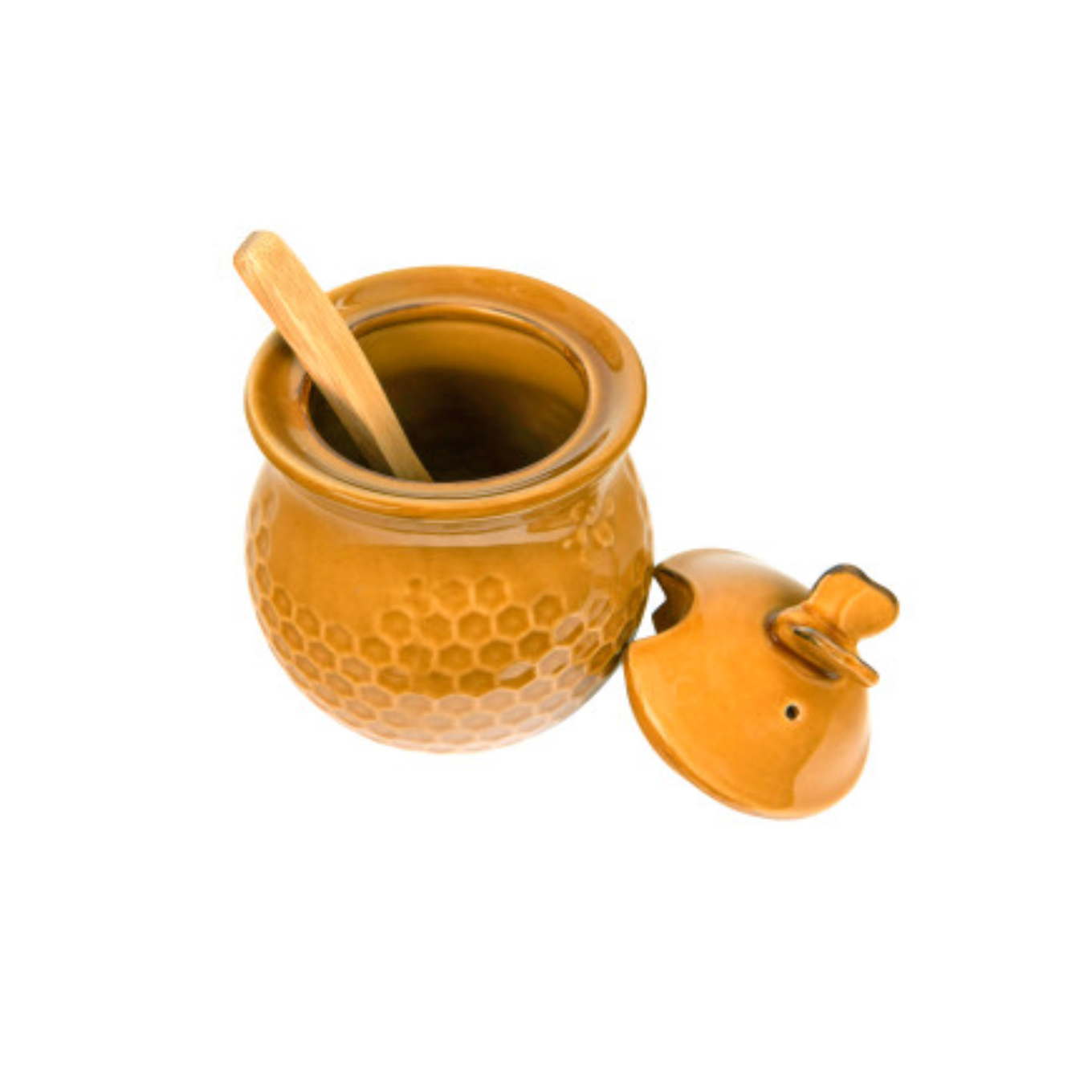 A stoneware honey jar with a yellow bee design, including a lid and a wooden honey dipper.