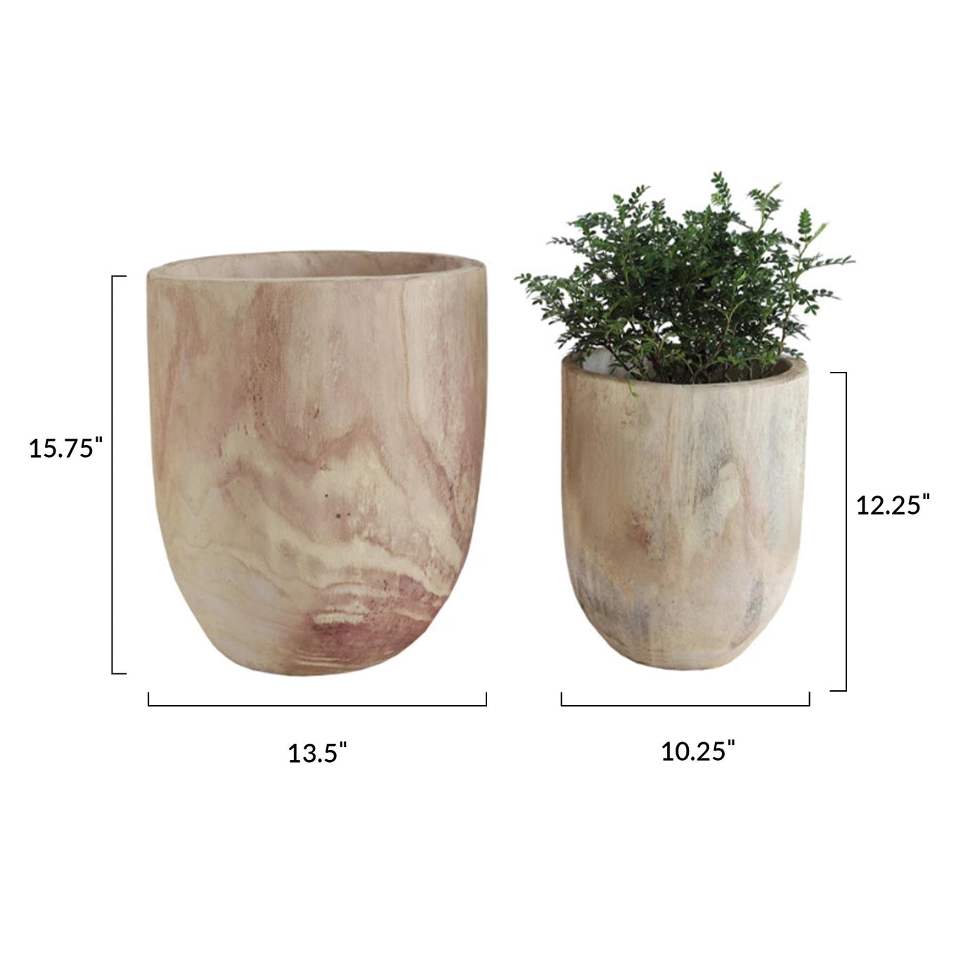 Two rounded Paulownia wood pots, one smaller and one larger, with a natural wood finish displaying beautiful wood grains.
