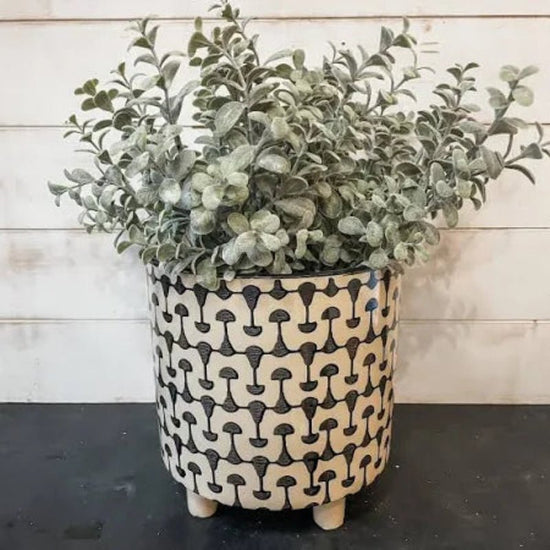 Black & White Footed Stoneware Planter with Abstract Print - Ferry - Morse