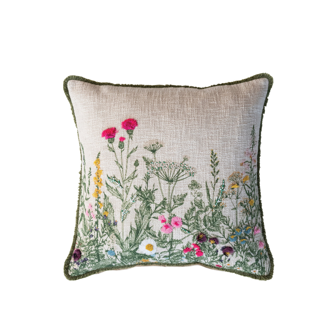 A square-shaped cotton slub pillow with a multicolor floral embroidery design, beads, and lace trim along the edges.
