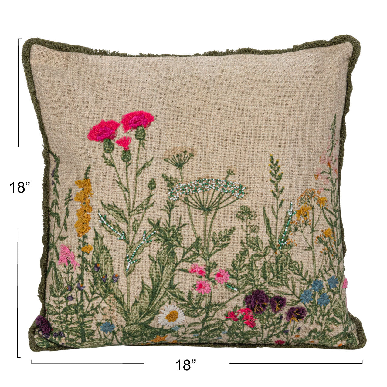 A square-shaped cotton slub pillow with a multicolor floral embroidery design, beads, and lace trim along the edges with measurement