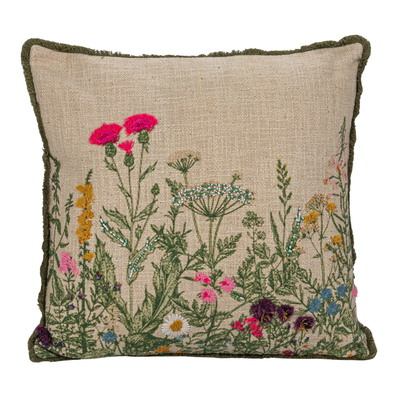 A square-shaped cotton slub pillow with a multicolor floral embroidery design, beads, and lace trim along the edges.
