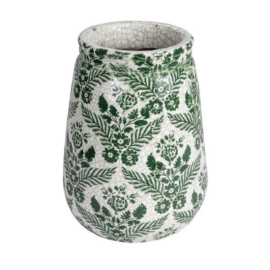 Green & White Flower Terracotta Planter Vase Crackle Glaze - Ferry - Morse