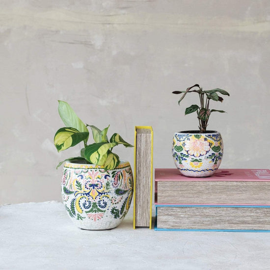 Large Multicolor Floral Terracotta Planter, Crackle Glaze - Ferry - Morse