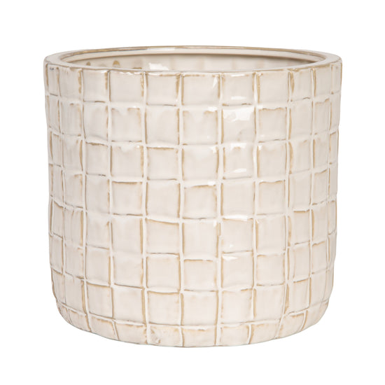 A round stoneware planter with a woven pattern and a white reactive glaze finish.
