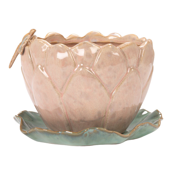 Ceramic lotus flower planter with a matching saucer on a white background