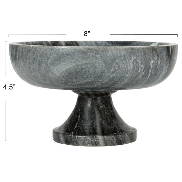 A round grey marble pedestal bowl with a smooth finish, sitting on a sturdy base.