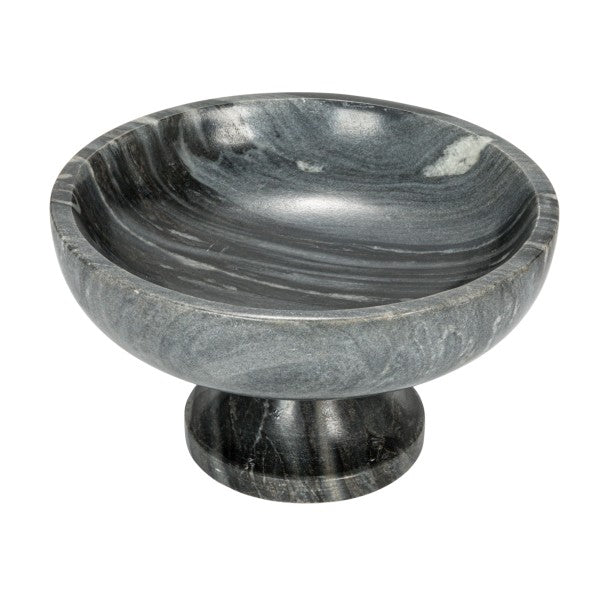 A round grey marble pedestal bowl with a smooth finish, sitting on a sturdy base.