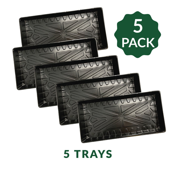 A black watertight plastic plant tray with a geometric pattern, designed for seed starting.