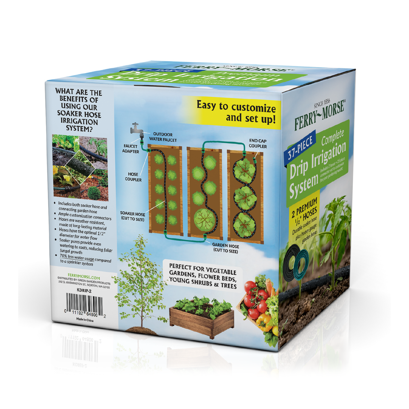Packaging for Ferry-Morse Drip Hose & Irrigation System Kit featuring the product components and an image of a garden being watered.