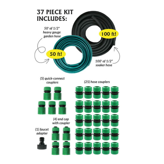 37-piece garden hose kit with hoses and connectors on a white background