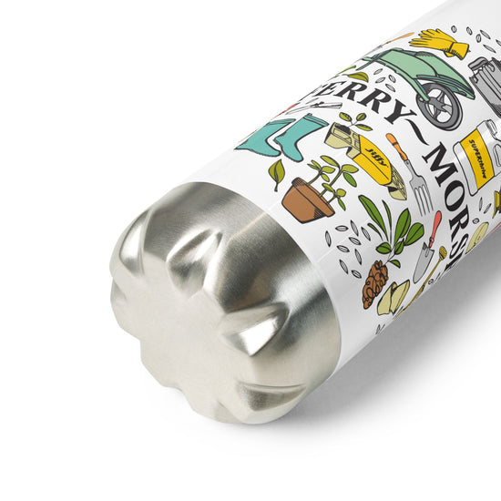 A white stainless steel water bottle with a colorful logo featuring various items and plants, and the text 'Ferry-Morse'.