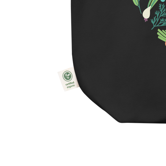 Close-up of a black fabric product corner with a small white Certified Organic tag and part of a green vegetable print on a white background.