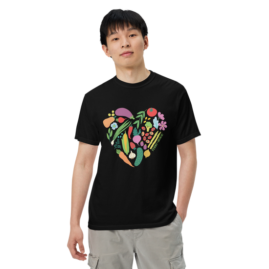 Black heavyweight T-shirt with a colorful heart-shaped graphic containing various gardening elements such as plants and flowers.