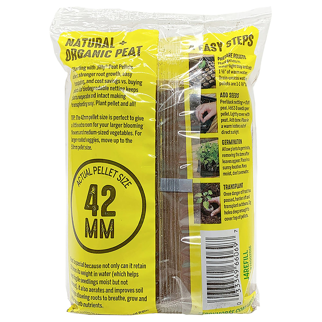 A pack of Jiffy brand peat pellets designed for seed starting.