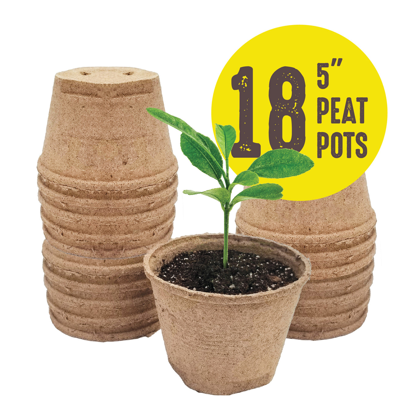 A stack of brown 5 inch Jiffy biodegradable peat pots