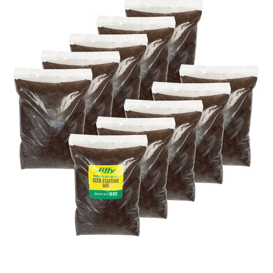 A packaged bag of Jiffy seed starting mix made from 100% coco coir soil, which is advertised as expanding up to 10 quarts.
