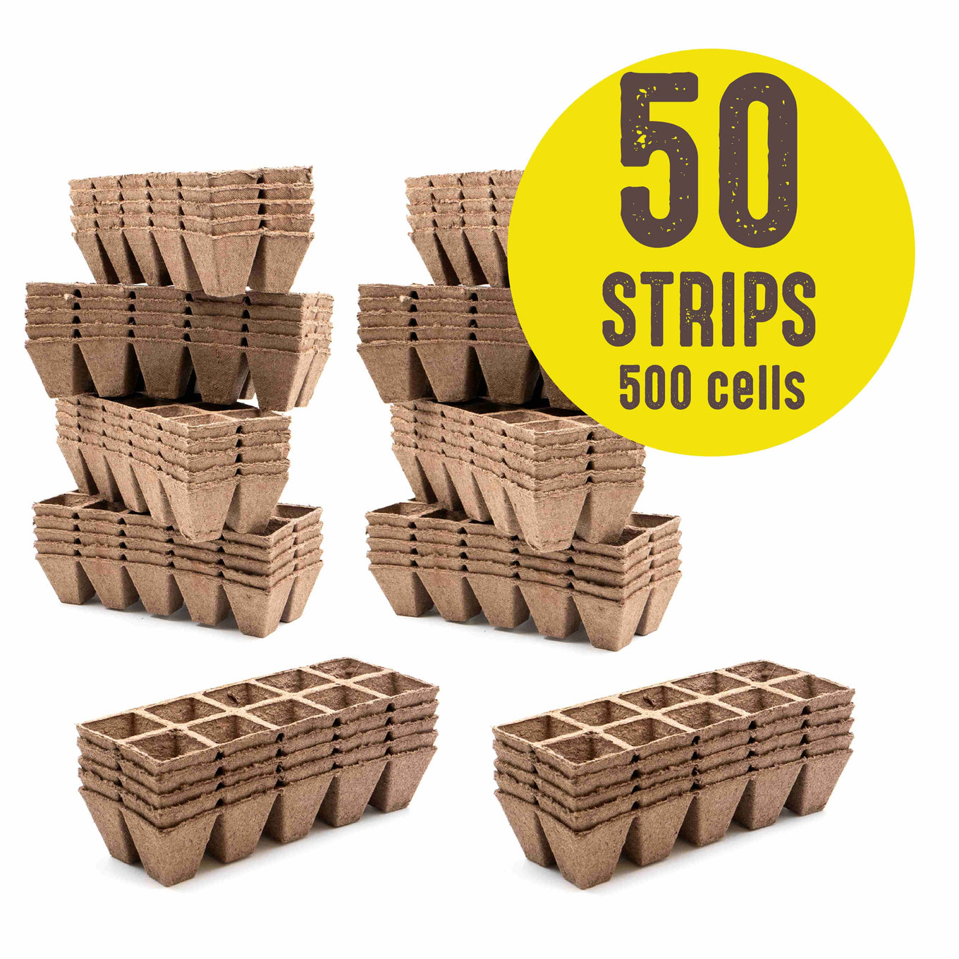 Stacks of brown biodegradable peat strips arranged in a grid pattern, each strip forming individual cells for seed starting.