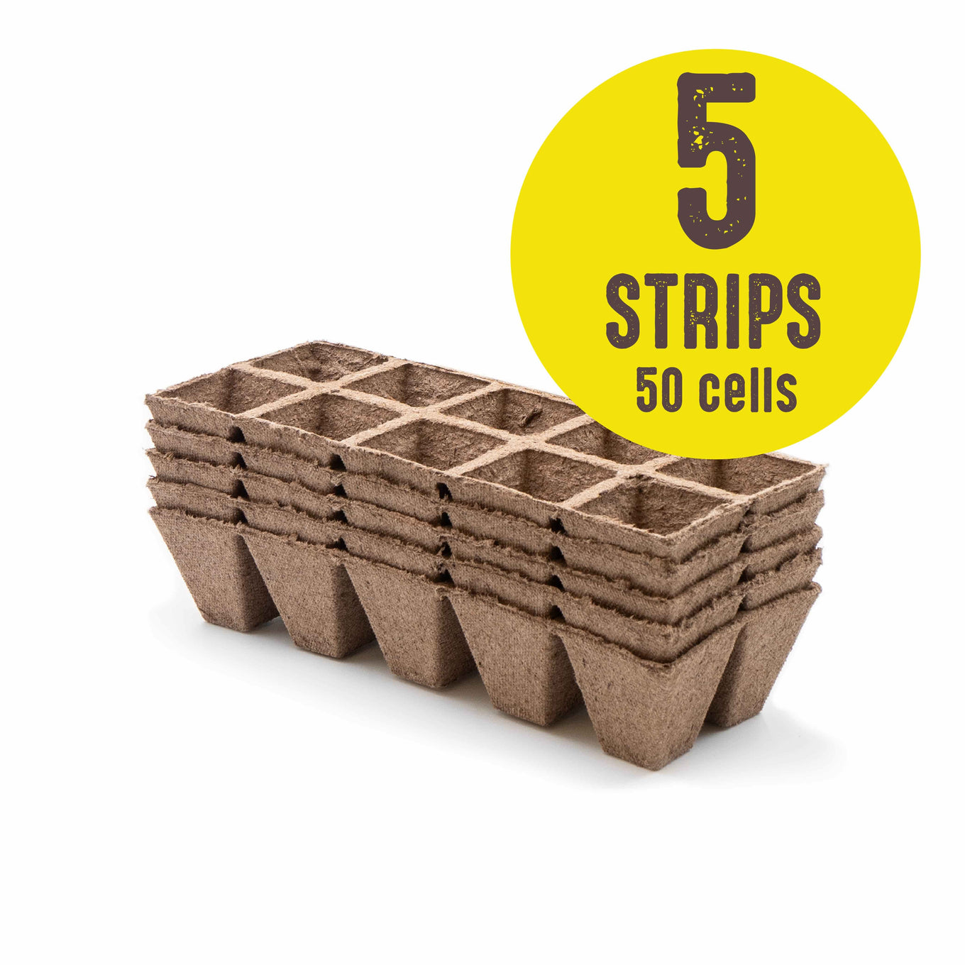 Stacks of brown biodegradable peat strips arranged in a grid pattern, each strip forming individual cells for seed starting.