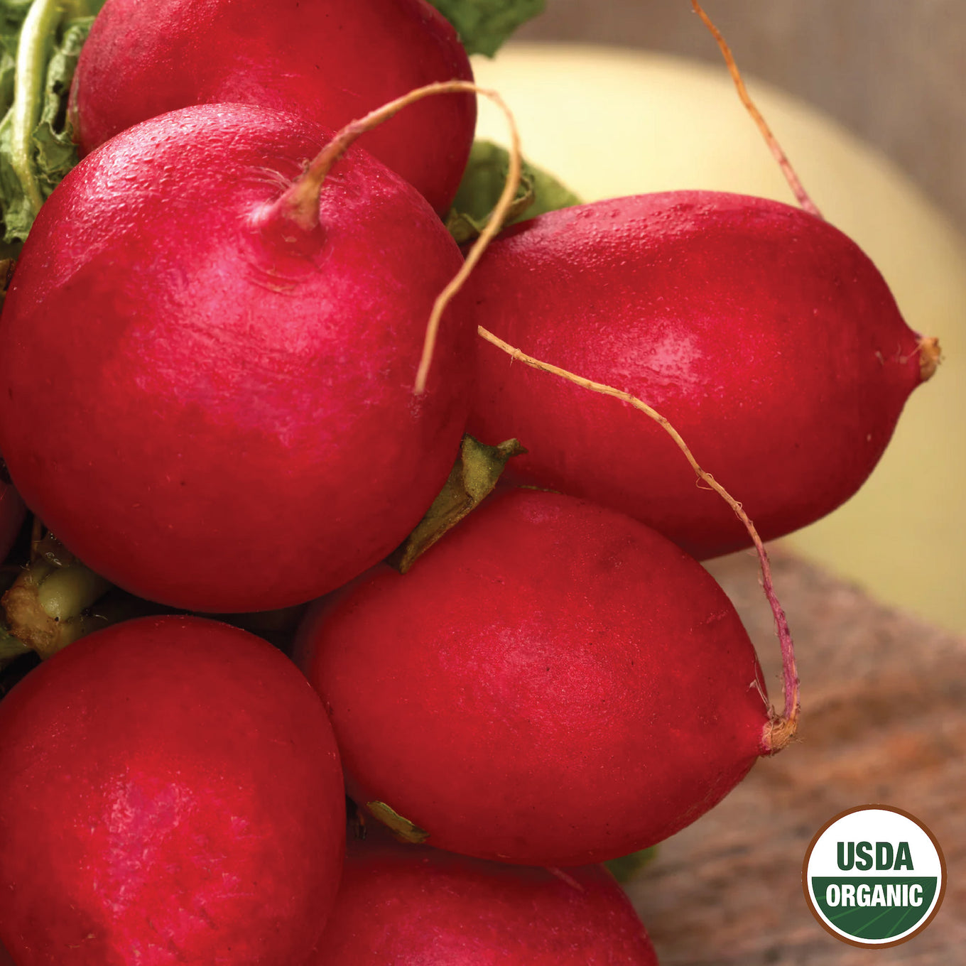 A cluster of red radishes with green stems, marked as USDA Organic.
