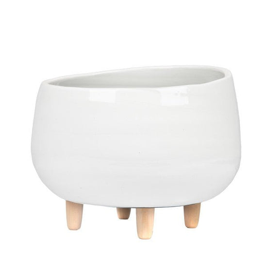 White Round Ceramic Planter with Wood Feet - Ferry - Morse
