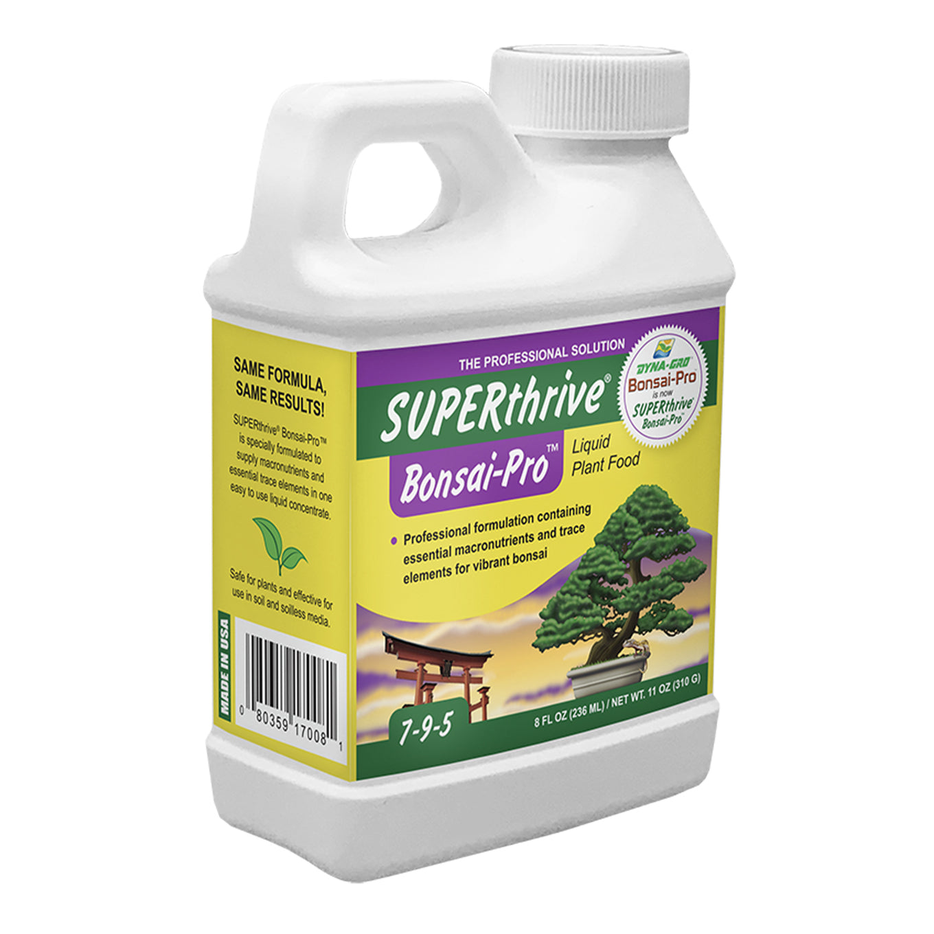 A bottle of SUPERthrive Bonsai-Pro 7-9-5 Plant Food, with labeling showing a bonsai tree and information about the product.