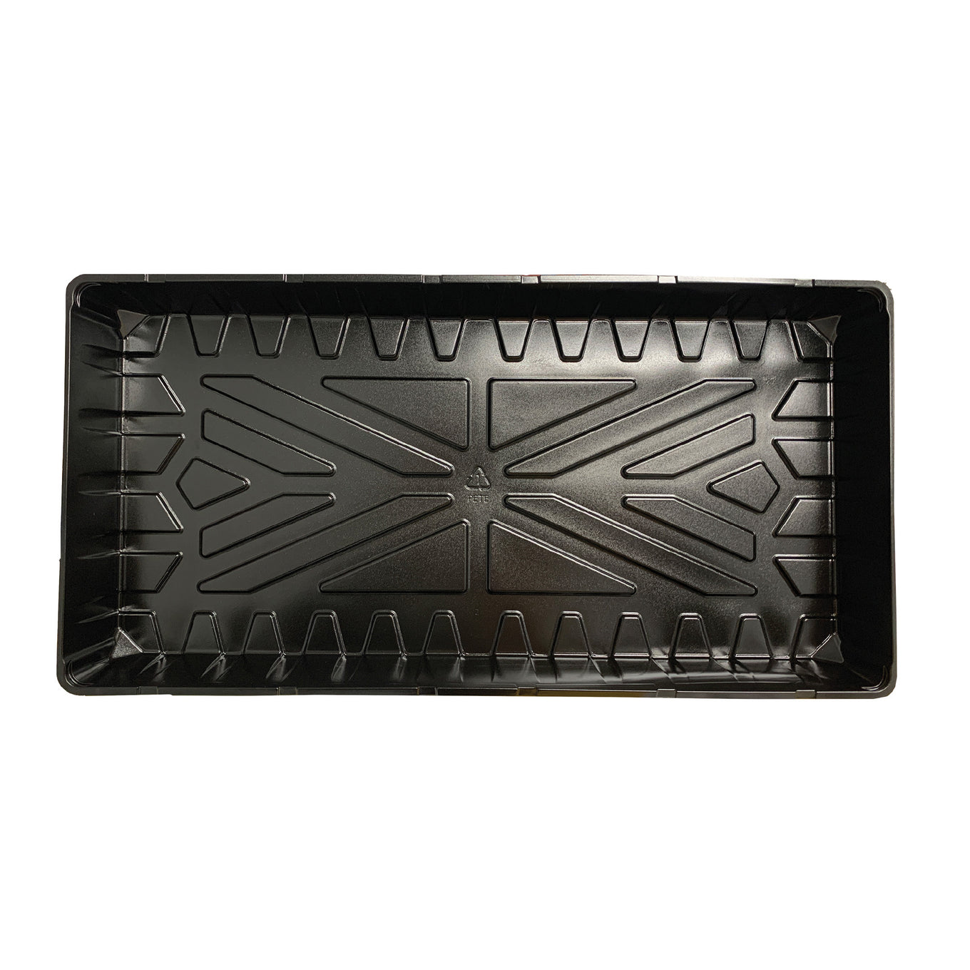 A black watertight plastic plant tray with a geometric pattern, designed for seed starting.