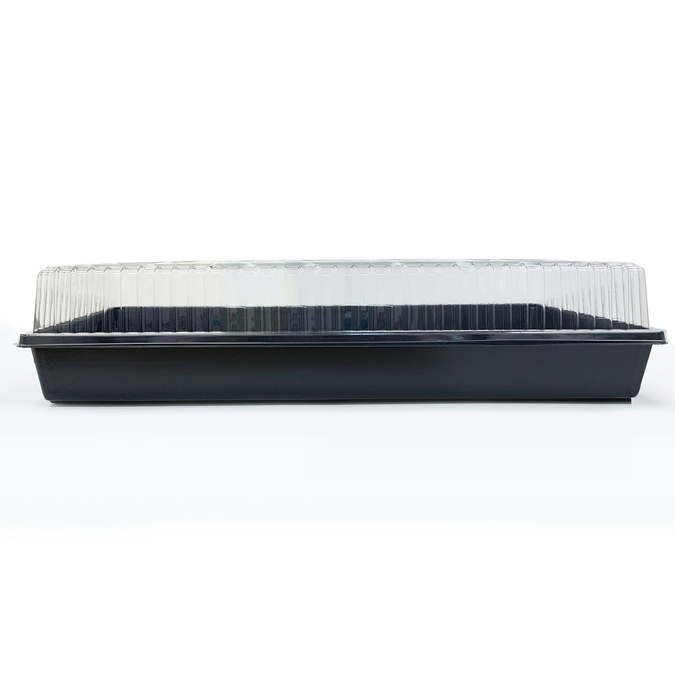 A black Jiffy brand humidity dome and tray for seed starting, with a clear plastic cover on top.