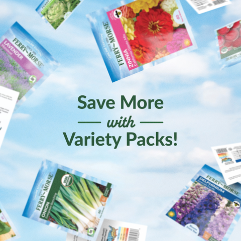 Ferry Morse seed packets with a promotional message on a blue sky background