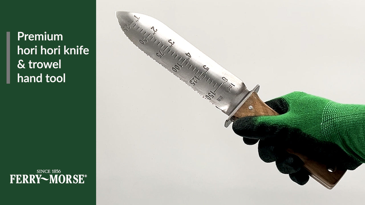 Premium hori hori knife & trowel hand tool. Genuine leather knife case with belt attachment. Serrated edge removes weeds, cuts tough roots, & easily digs. Stainless-steel blade & solid wood handle.