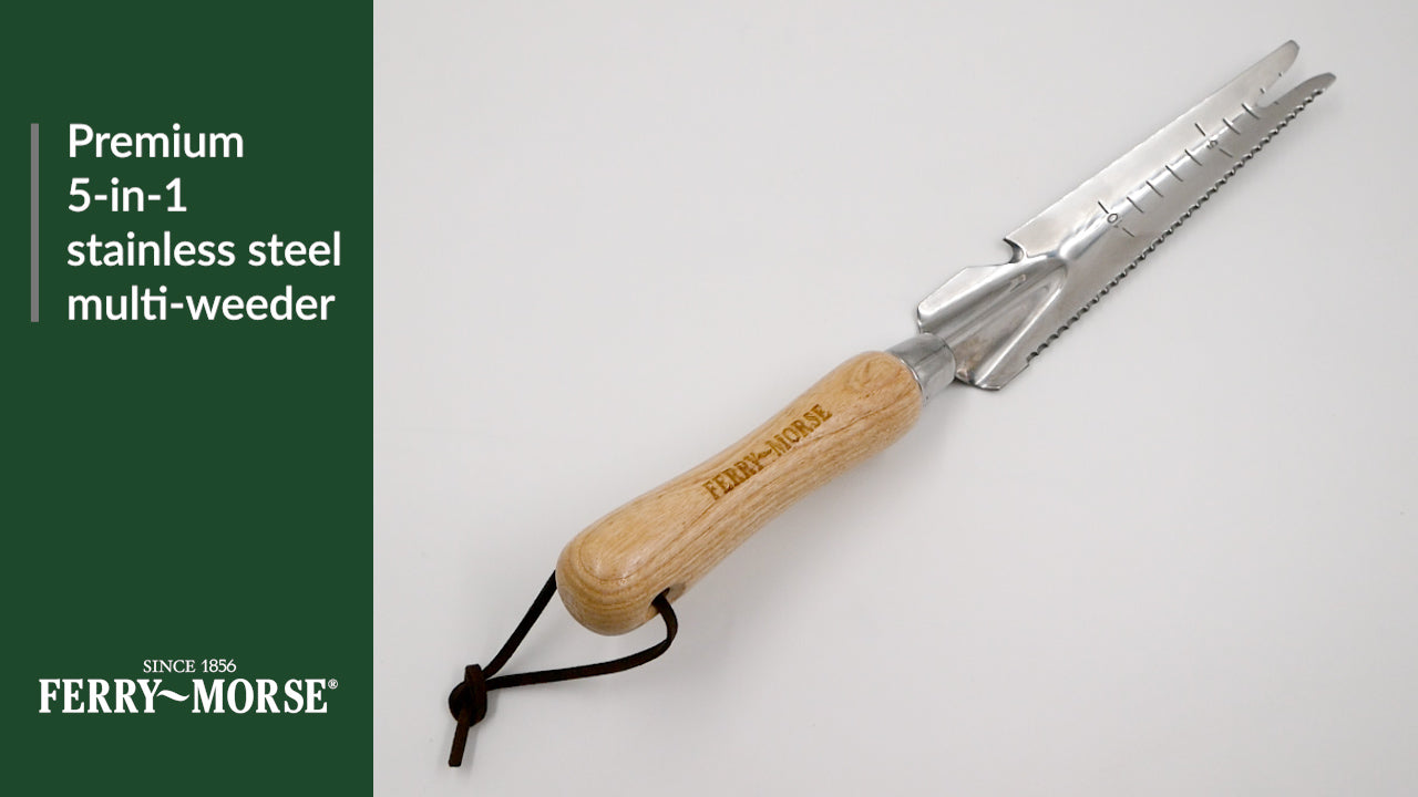 Premium 5-in-1 stainless steel multi-weeder. Inch markers help to dig & plant at the perfect depth. Serrated edge removes weeds, cuts tough roots, & Easily digs. Solid wood handle & stainless-steel blade.