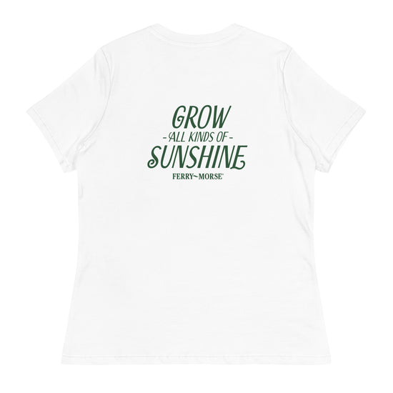 A crew neck t-shirt that says grow all kinds of sunshine on the back